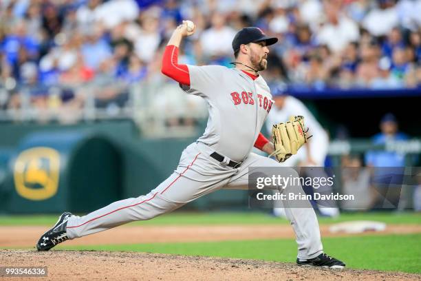 Heath Hembree of the Boston Red Sox pitches during the fifth inning against the Kansas City Royals at Kauffman Stadium on July 7, 2018 in Kansas...