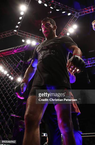 Raphael Assuncao of Brazil exits the Octagon after his win over Rob Font in their bantamweight fight during the UFC 226 event inside T-Mobile Arena...