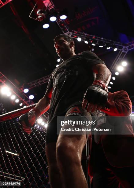 Raphael Assuncao of Brazil exits the Octagon after his win over Rob Font in their bantamweight fight during the UFC 226 event inside T-Mobile Arena...