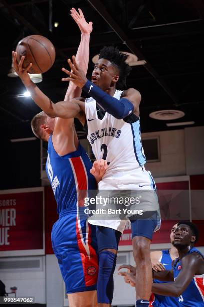 Kobi Simmons of Memphis Grizzlies goes to the basket against the Detroit Pistons during the 2018 Las Vegas Summer League on July 6, 2018 at the Cox...