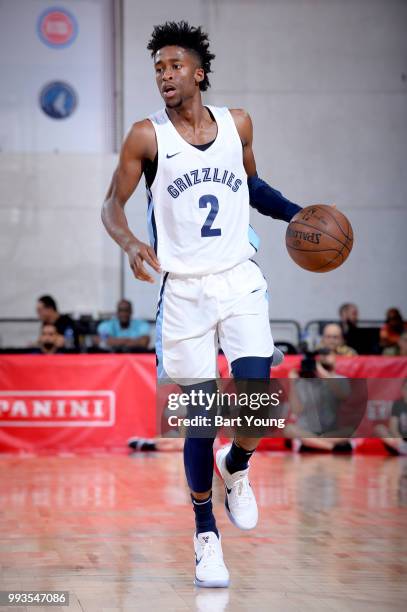 Kobi Simmons of Memphis Grizzlies handles the ball against the Detroit Pistons during the 2018 Las Vegas Summer League on July 6, 2018 at the Cox...