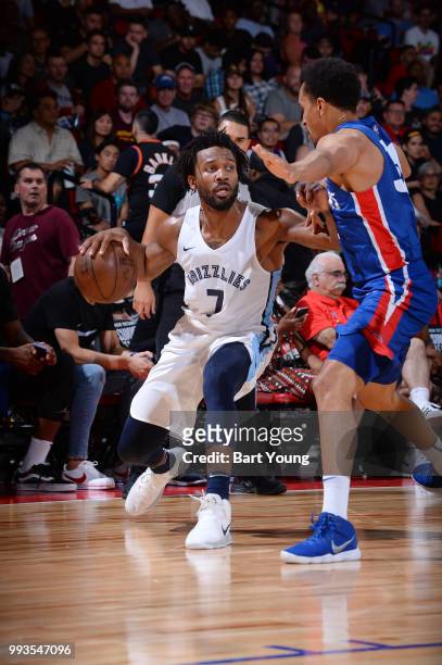 Wayne Selden of Memphis Grizzlies handles the ball against the Detroit Pistons during the 2018 Las Vegas Summer League on July 6, 2018 at the Cox...