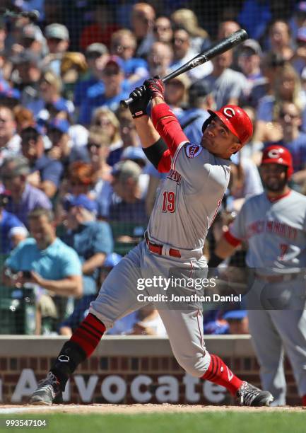 Joey Votto of the Cincinnati Reds bats against the Chicago Cubs at Wrigley Field on July 6, 2018 in Chicago, Illinois. The Reds defeated the Cubs 3-2.