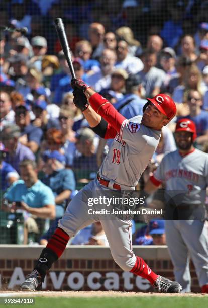 Joey Votto of the Cincinnati Reds bats against the Chicago Cubs at Wrigley Field on July 6, 2018 in Chicago, Illinois. The Reds defeated the Cubs 3-2.