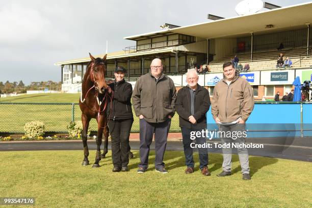 Owners of Bit of a Lad after winning the Greg Bull Painting 1JW Hurdle at Warrnambool Racecourse on July 08, 2018 in Warrnambool, Australia.