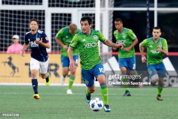 Seattle Sounders FC midfielder Nicolas Lodeiro takes off on the counter during a match between the New England Revolution and Seattle Sounders FC on...