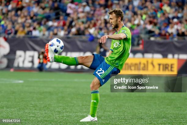 Seattle Sounders FC midfielder Magnus Wolff Eikrem plays the ball during a match between the New England Revolution and Seattle Sounders FC on July 7...