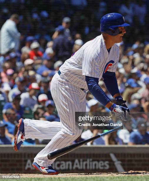 Anthony Rizzo of the Chicago Cubs bats against the Chicago Cubs at Wrigley Field on July 6, 2018 in Chicago, Illinois. The Reds defeated the Cubs 3-2.