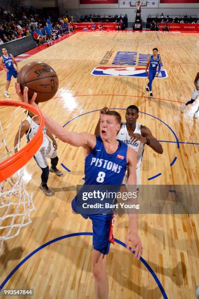 Henry Ellenson of the Detroit Pistons goes to the basket against the Memphis Grizzlies during the 2018 Las Vegas Summer League on July 7, 2018 at the...