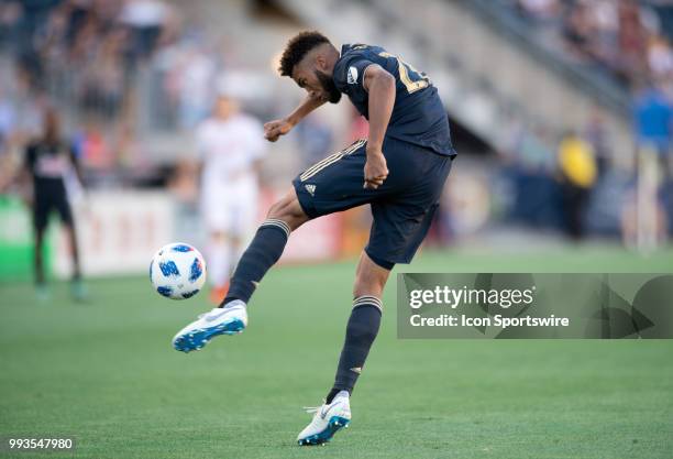 Union Defender Auston Trusty clears the ball in the first half during the game between Atlanta United and the Philadelphia Union on July 07, 2018 at...