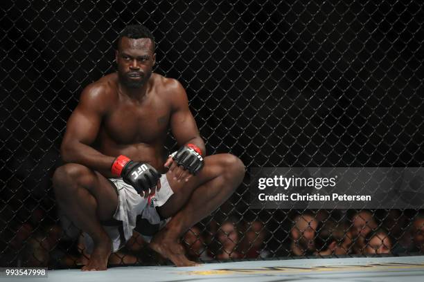 Uriah Hall of Jamaica rests before facing Paulo Costa of Brazil in their middleweight fight during the UFC 226 event inside T-Mobile Arena on July 7,...