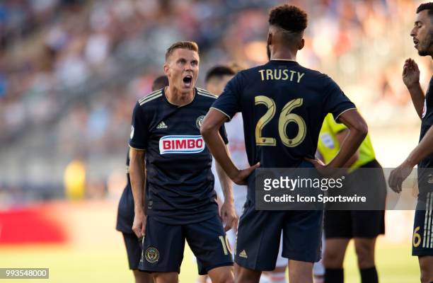 Union Midfielder Borek Dockal goes off on Union Defender Auston Trusty after a defensive error in the first half during the game between Atlanta...
