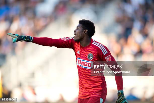 Union Keeper Andre Blake calls out instructions before a free kick in the first half during the game between Atlanta United and the Philadelphia...
