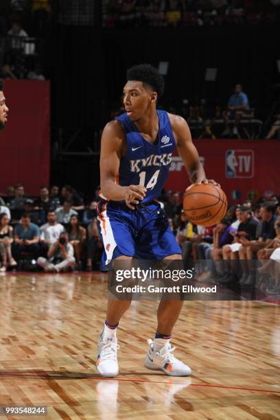 Allonzo Trier of the New York Knicks handles the ball against the Atlanta Hawks during the 2018 Las Vegas Summer League on July 7, 2018 at the Thomas...