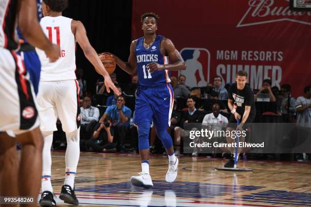 Frank Ntilikina of the New York Knicks handles the ball against the Atlanta Hawks during the 2018 Las Vegas Summer League on July 7, 2018 at the...