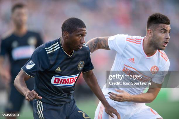 Union Defender Raymon Gaddis defends Atlanta United Forward Hector Villalba in the first half during the game between Atlanta United and the...