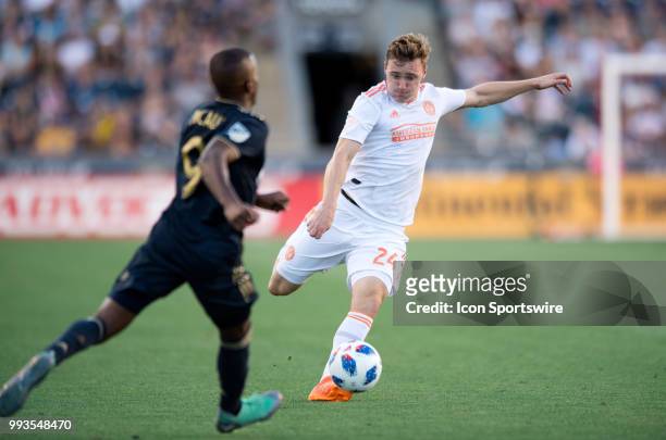 Atlanta United Midfielder Julian Gressel winds up for a shot in the first half during the game between Atlanta United and the Philadelphia Union on...