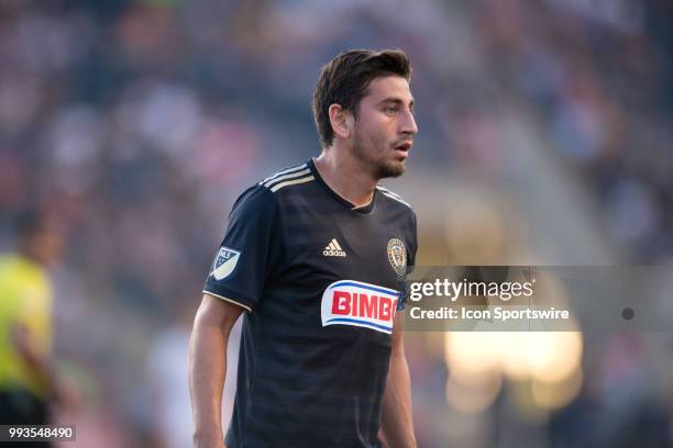 Union Midfielder Alejandro Bedoya looks on before a free kick in the first half during the game between Atlanta United and the Philadelphia Union on...