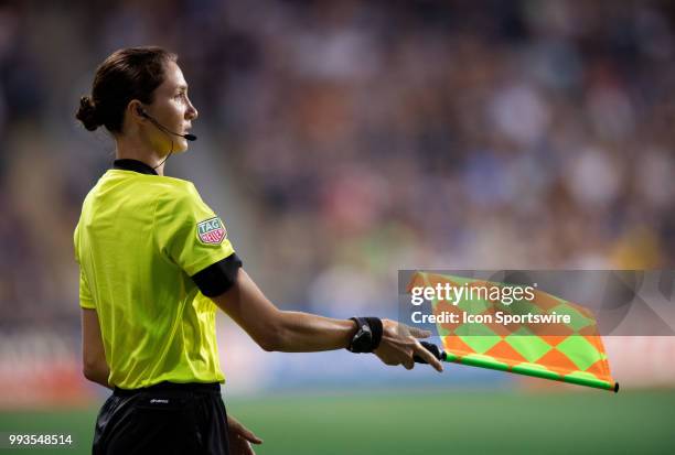 Assistant Referee Kathryn Nesbitt makes an offside call in the second half during the game between Atlanta United and the Philadelphia Union on July...