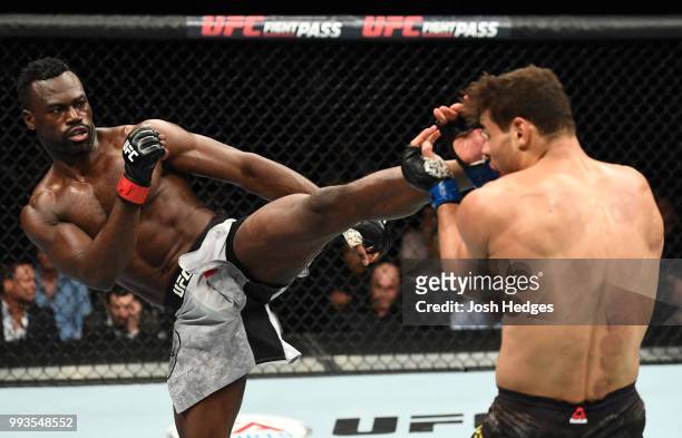 Uriah Hall of Jamaica kicks Paulo Costa of Brazil in their middleweight fight during the UFC 226 event inside T-Mobile Arena on July 7, 2018 in Las...