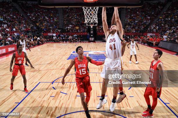 Ante Zizic of the Cleveland Cavaliers dunks the ball against the Chicago Bulls during the 2018 Las Vegas Summer League on July 7, 2018 at the Thomas...