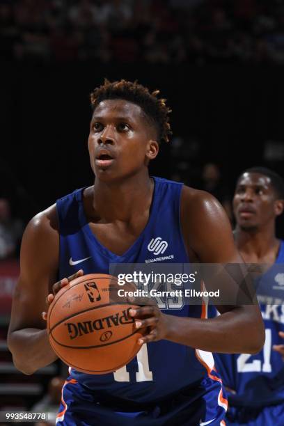 Frank Ntilikina of the New York Knicks handles the ball against the Atlanta Hawks during the 2018 Las Vegas Summer League on July 7, 2018 at the...