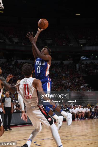 Frank Ntilikina of the New York Knicks goes to the basket against the Atlanta Hawks during the 2018 Las Vegas Summer League on July 7, 2018 at the...