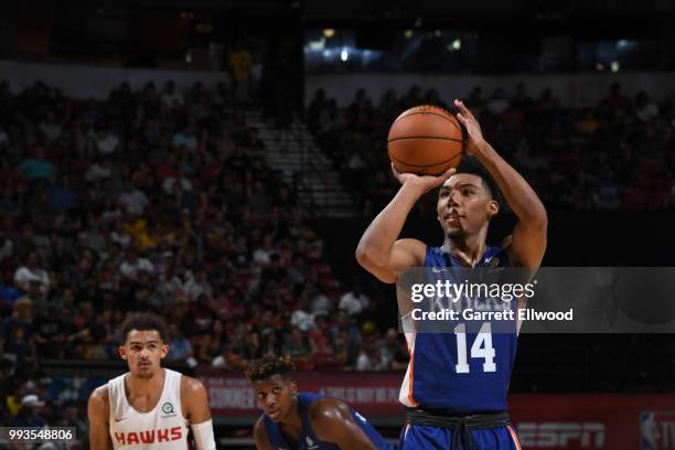 Allonzo Trier of the New York Knicks shoots a foul against the Atlanta Hawks during the 2018 Las Vegas Summer League on July 7, 2018 at the Thomas &...