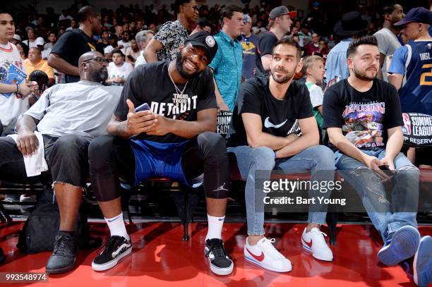Andre Drummond and Jose Calderon of the Detroit Pistons attend the game against the Memphis Grizzlies during the 2018 Las Vegas Summer League on July...