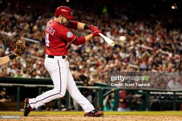 Mark Reynolds of the Washington Nationals hits a three run home run against the Miami Marlins during the sixth inning at Nationals Park on July 07,...