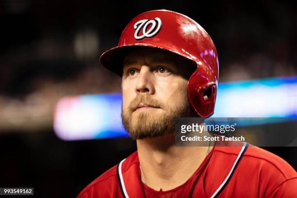 Mark Reynolds of the Washington Nationals looks on against the Miami Marlins during the seventh inning at Nationals Park on July 07, 2018 in...