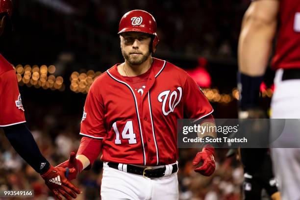 Mark Reynolds of the Washington Nationals hits a three run home run against the Miami Marlins during the sixth inning at Nationals Park on July 07,...