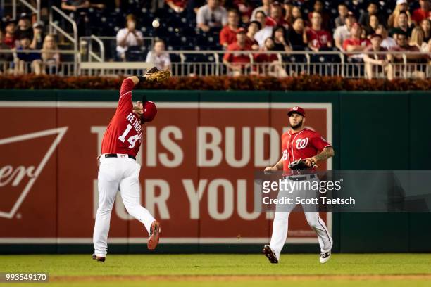 Mark Reynolds of the Washington Nationals catches a fly ball hit by JT Riddle of the Miami Marlins during the ninth inning at Nationals Park on July...