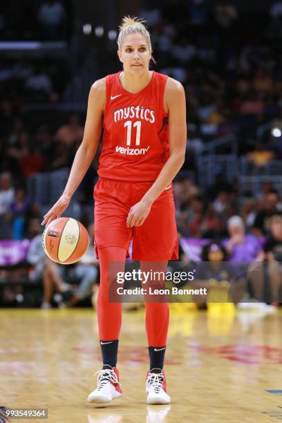 Elena Delle Donne of the Washington Mystics handles the ball against the Los Angeles Sparks during a WNBA basketball game at Staples Center on July...