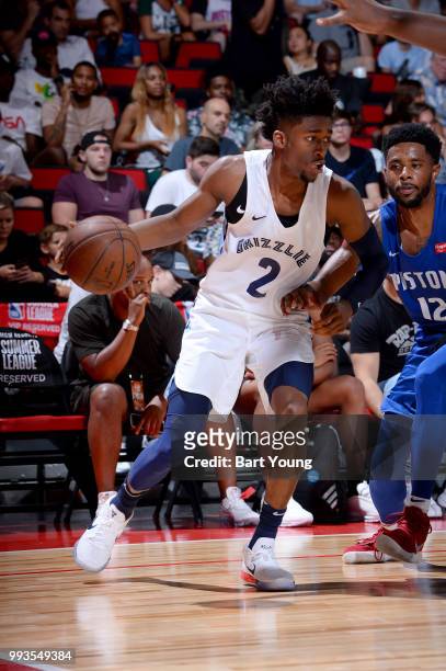 Kobi Simmons of Memphis Grizzlies handles the ball against the Detroit Pistons during the 2018 Las Vegas Summer League on July 7, 2018 at the Cox...