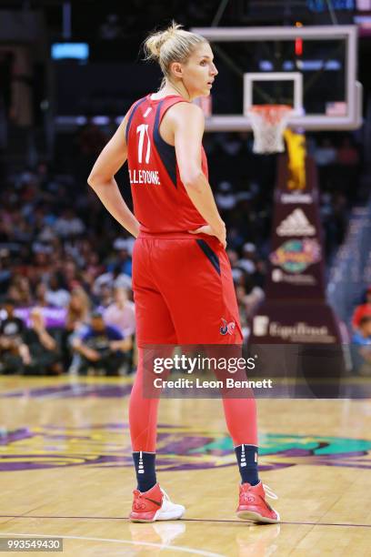 Elena Delle Donne of the Washington Mystics looks on during a time out against the Los Angeles Sparks during a WNBA basketball game at Staples Center...