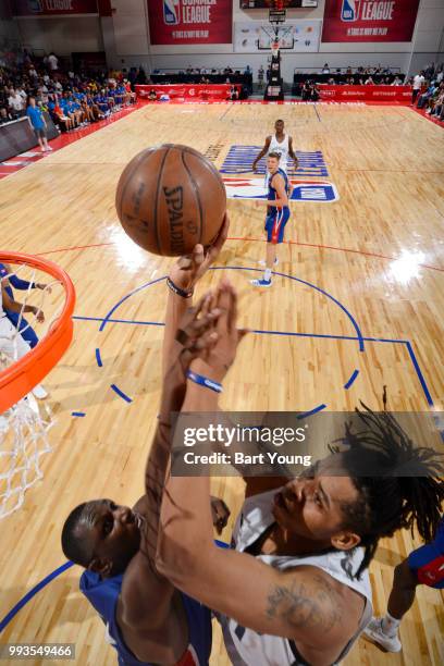 Deyonta Davis of Memphis Grizzlies goes to the basket against the Detroit Pistons during the 2018 Las Vegas Summer League on July 7, 2018 at the Cox...