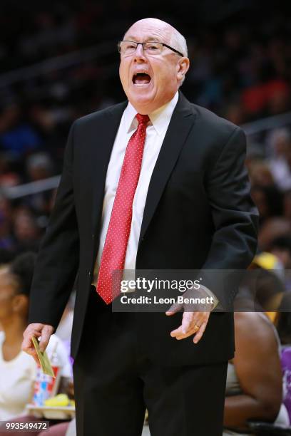 Head coach Mike Thibault of the Washington Mystics calling out plays against the Los Angeles Sparks during a WNBA basketball game at Staples Center...
