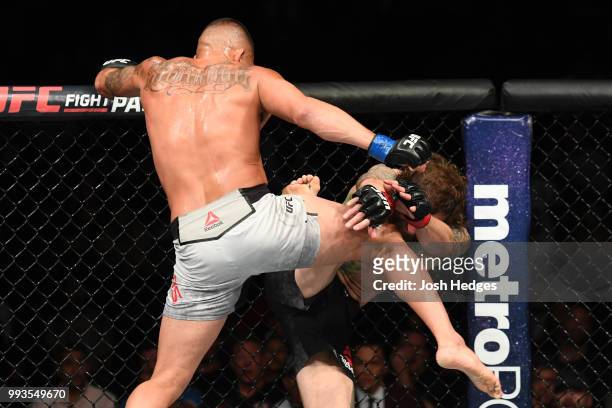 Anthony Pettis kicks Michael Chiesa in their lightweight fight during the UFC 226 event inside T-Mobile Arena on July 7, 2018 in Las Vegas, Nevada.