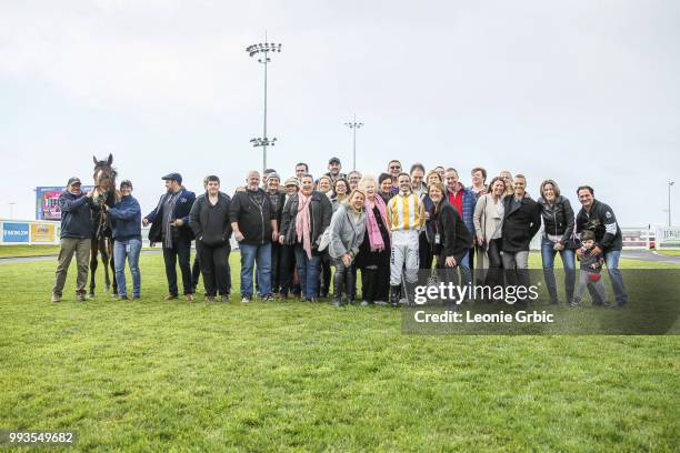 Connections pose with I Am Vinnie and Noel Callow after winning the Polytrack Maiden Plate at Racing.com Park Synthetic Racecourse on July 08, 2018...