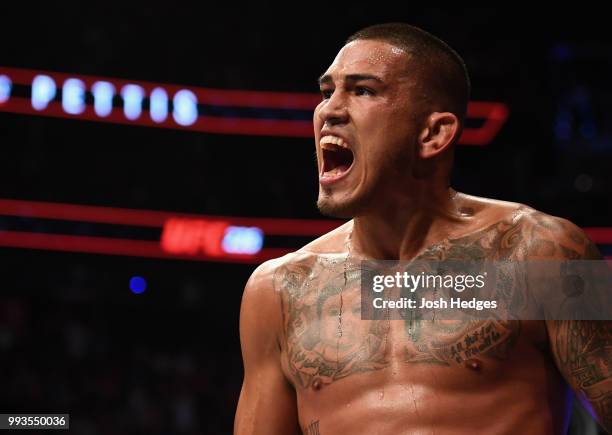 Anthony Pettis celebrates his win over Michael Chiesa in their lightweight fight during the UFC 226 event inside T-Mobile Arena on July 7, 2018 in...