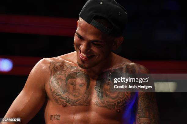 Anthony Pettis celebrates his win over Michael Chiesa in their lightweight fight during the UFC 226 event inside T-Mobile Arena on July 7, 2018 in...