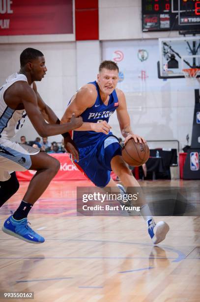 Henry Ellenson of the Detroit Pistons handles the ball against the Memphis Grizzlies during the 2018 Las Vegas Summer League on July 7, 2018 at the...