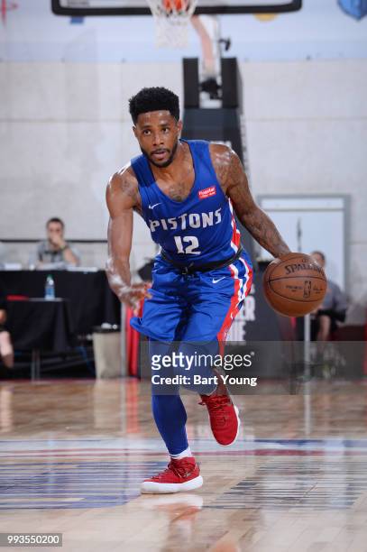 Larry Drew II of the Detroit Pistons handles the ball against the Memphis Grizzlies during the 2018 Las Vegas Summer League on July 7, 2018 at the...