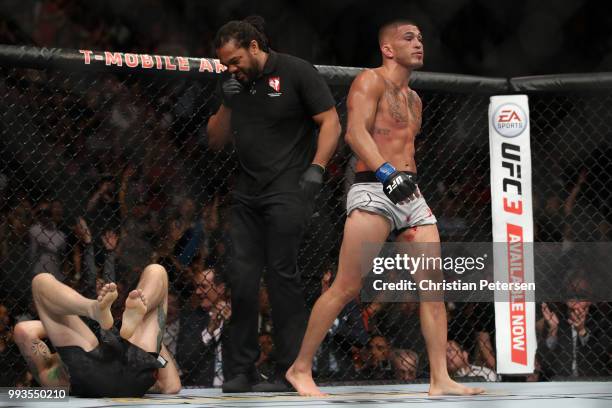 Anthony Pettis walks away after his win over Michael Chiesa in their lightweight fight during the UFC 226 event inside T-Mobile Arena on July 7, 2018...
