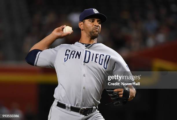 Tyson Ross of the San Diego Padres delivers a first inning pitch against the Arizona Diamondbacks at Chase Field on July 7, 2018 in Phoenix, Arizona.