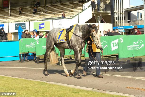 Daily Donation parades before the Dwyer Robinson BM58 Highweight Handicap at Warrnambool Racecourse on July 08, 2018 in Warrnambool, Australia.