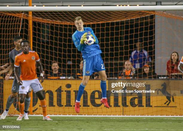 Houston Dynamo goalkeeper Joe Willis traps the ball in midair during the soccer match between the Minnesota United FC and Houston Dynamo on July 7,...