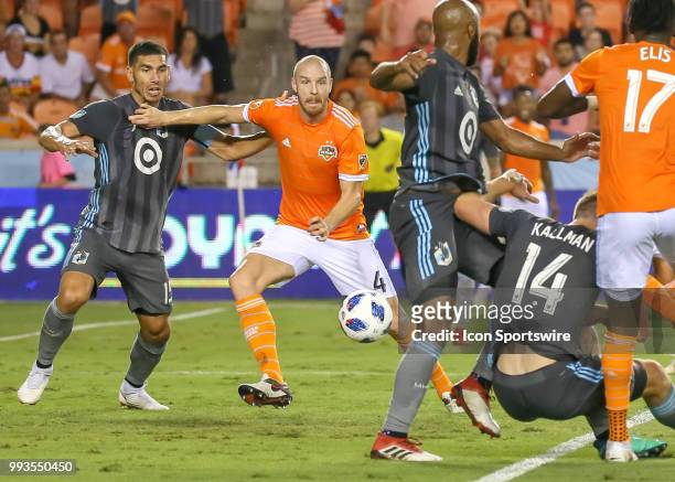 Houston Dynamo defender Philippe Senderos gets the last touch and scores a goal during the soccer match between the Minnesota United FC and Houston...