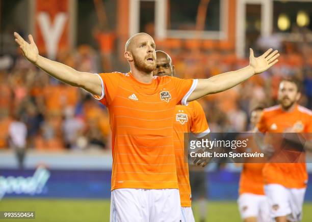 Houston Dynamo defender Philippe Senderos reacts after scoring a goal during the soccer match between the Minnesota United FC and Houston Dynamo on...